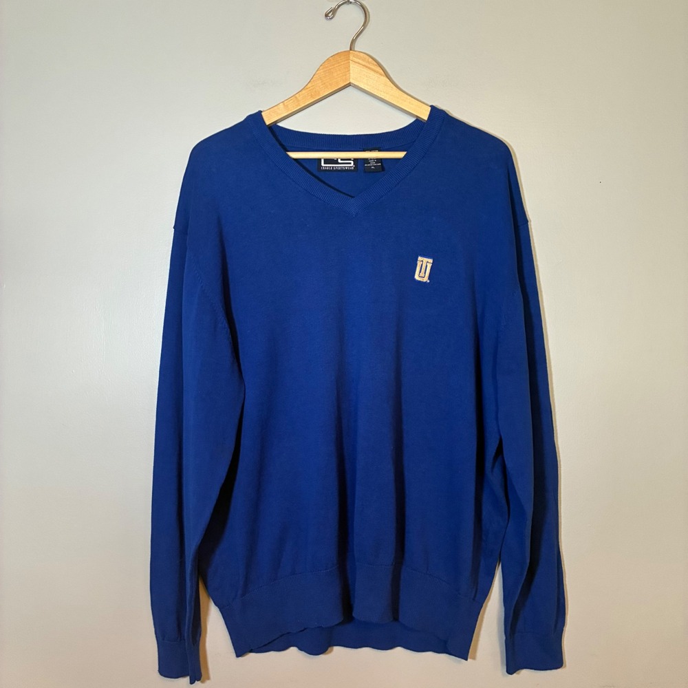 Crable Sportswear Men XL Royal Blue Cotton V-Neck Sweater TU University of Tulsa